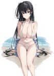  1girl absurdres ass_visible_through_thighs azur_lane beach bikini black_hair blush breasts cleavage closed_mouth collarbone commentary crossed_bangs english_commentary expressionless feet_out_of_frame hair_between_eyes highres large_breasts long_hair looking_at_viewer mixed-language_commentary navel official_alternate_costume paid_reward_available red_eyes ref_(pmxt4483) side-tie_bikini_bottom side_ponytail sitting solo stomach string_bikini swimsuit taihou_(azur_lane) taihou_(seaside_daydreams)_(azur_lane) thigh_gap white_bikini 