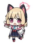  1girl animal_ear_headphones animal_ears bell_(oppore_coppore) black_skirt black_thighhighs blonde_hair blue_archive blue_necktie blush chibi collared_shirt commentary_request fake_animal_ears full_body halo headphones highres jacket long_sleeves looking_at_viewer momoi_(blue_archive) necktie open_mouth pink_halo pleated_skirt red_eyes shirt short_hair simple_background skirt solo thighhighs white_background white_jacket white_shirt wide_sleeves 