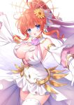  1girl :d bare_shoulders blue_eyes breasts cleavage commission detached_sleeves dress flower gloves hair_flower hair_ornament highres large_breasts long_hair long_sleeves looking_at_viewer orange_hair original pixiv_commission ponytail sacraneco sidelocks smile solo thighhighs very_long_hair white_dress white_gloves white_sleeves white_thighhighs wide_sleeves yellow_flower 