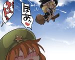  2girls blonde_hair bow braid broom broom_riding cloud dress flying hair_bow hammer_(sunset_beach) hat hong_meiling kirisame_marisa long_hair multiple_girls open_mouth outdoors sky star_(symbol) touhou translation_request witch_hat 