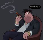  1boy black_hair black_jacket chair cigar dark_blue_pants english_text facial_hair fred_flintstone grey_background holding holding_cigar jacket jewelry looking_to_the_side on_chair open_clothes open_jacket ring shadman shirt short_hair simple_background sitting solo speech_bubble stubble the_flintstones watch white_shirt wristwatch 