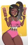  1girl absurdres breasts cleavage dark-skinned_female dark_skin fire_emblem fire_emblem_engage flower food gonzarez grin hair_flower hair_ornament highres holding holding_food holding_skewer long_hair looking_at_viewer meat navel official_alternate_costume ponytail red_eyes simple_background skewer smile solo swimsuit thick_thighs thighs timerra_(fire_emblem) 