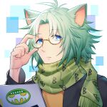  1boy animal_ears black_jacket blue_background blue_eyes glasses green_hair green_scarf jacket kusuka_(show_by_rock!!) light_blue_background long_sleeves male_focus mel6969 multicolored_background scarf shirt short_hair show_by_rock!! skunk_boy skunk_ears solo white_background yellow-framed_eyewear yellow_shirt 