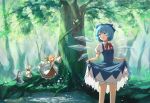  &gt;_&lt; 4girls ahoge ascot black_hair blonde_hair blue_bow blue_dress blue_eyes blue_hair blush book bow breedo cirno collared_shirt commentary_request dress fairy fairy_wings flower forest hair_bow headdress holding holding_book ice ice_wings luna_child multiple_girls nature neck_ribbon open_mouth orange_hair outdoors pinafore_dress puffy_short_sleeves puffy_sleeves reading red_ribbon red_skirt ribbon shirt short_sleeves skirt skirt_hold sleeveless sleeveless_dress star_sapphire sunny_milk touhou water water_drop white_dress white_flower white_shirt window wings yellow_ascot 