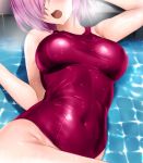  1girl breasts commentary_request covered_navel fate/grand_order fate_(series) head_out_of_frame highleg highleg_swimsuit large_breasts lying mash_kyrielight one-piece_swimsuit open_mouth pool purple_hair purple_one-piece_swimsuit school_swimsuit short_hair solo swimsuit water wet wet_clothes wet_swimsuit yadokari_genpachirou 