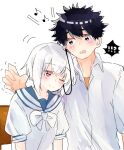  ! 0404sake 1boy 1girl ? a_certain_high_school_uniform accelerator_(toaru_majutsu_no_index) albino ambiguous_gender androgynous black_eyes black_hair blue_sailor_collar blush bow collared_shirt earphones head_on_another&#039;s_shoulder kamijou_touma looking_at_another motion_lines musical_note one_eye_closed pale_skin red_eyes sailor_collar school_uniform shirt short_hair short_sleeves sketch smile spiked_hair spoken_exclamation_mark spoken_question_mark standing suzushina_yuriko table toaru_majutsu_no_index trembling upper_body white_background white_bow white_hair white_shirt 