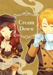  1boy 1girl ane-suisei brown_hair closed_eyes cookie cup dorothea_arnault ferdinand_von_aegir fire_emblem fire_emblem:_three_houses food garreg_mach_monastery_uniform green_eyes hat holding holding_cookie holding_cup holding_food looking_at_another orange_hair teacup 