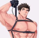  1boy abs alternate_pectoral_size bara bare_pectorals chest_belt doku_(hitori_ox) highres holding holding_weapon huge_pectorals looking_at_viewer male_focus muscular muscular_male nipples pectorals protagonist_3_(housamo) raised_eyebrows red_pupils revealing_clothes sheath sideburns solo stomach strongman_waist tokyo_afterschool_summoners underbust unsheathing upper_body weapon weapon_behind_back 