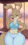  absurd_res anthro blackmore blinky_bill_(series) bottomwear breasts canid canine canis clothed clothing daisy_dingo denim denim_clothing dingo female fur hi_res inside jeans lipstick looking_at_viewer makeup mammal navel pants seductive smile solo window 