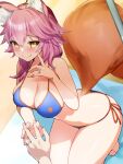  1girl animal_ear_fluff animal_ears bare_shoulders bikini blue_bikini blush breasts cleavage collarbone commentary fate/grand_order fate_(series) fox_ears fox_girl fox_tail highres jewelry kneeling large_breasts long_hair looking_at_viewer pink_hair ring sidelocks smile solo_focus swimsuit symbol-only_commentary tail tamamo_(fate) tamamo_no_mae_(swimsuit_lancer)_(fate) thighs tochi_keisuke yellow_eyes 