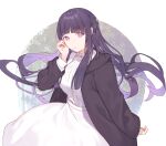  1girl black_coat coat dress fern_(sousou_no_frieren) fifuth hand_on_own_cheek hand_on_own_face long_hair looking_at_viewer parted_lips purple_eyes purple_hair solo sousou_no_frieren straight_hair white_dress 