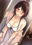  1girl amagami apron bare_arms bare_shoulders blush breasts brown_hair cleavage collarbone door doorway frilled_apron frills grey_eyes groin hands_on_own_knees highres indoors leaning_forward looking_at_viewer medium_breasts medium_hair naked_apron open_door open_mouth serizawa_(serizawaroom) sideboob solo standing takahashi_maya white_apron 