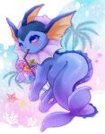  animal_focus blueberry blush coral drinking_straw drinking_straw_in_mouth eyelashes flower food from_behind fruit highres ice ice_cube leaf no_humans palm_tree pawpads pink_flower pokemon pokemon_(creature) purple_eyes shii_(no-va_could) signature solo starfish tree tropical_drink vaporeon 