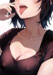  1girl absurdres black_hair blush breasts cleavage collarbone covered_nipples head_out_of_frame hego_0102 highres hololive large_breasts oozora_subaru open_mouth shiny_skin shirt short_hair short_sleeves solo suggestive_fluid tongue tongue_out virtual_youtuber 