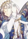  1boy adjusting_hair blue_cape butterfly_wings cape closed_mouth diamond_hairband eiki_(eikityou_55) fate/grand_order fate_(series) fur-trimmed_cape fur_trim grey_hair highres long_sleeves male_focus oberon_(fate) short_hair simple_background smile solo tassel white_background wings 