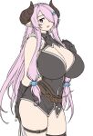  1girl belt black_gloves black_shirt blue_eyes blush breasts cleavage cleavage_cutout clothing_cutout draph elbow_gloves fingerless_gloves gloves granblue_fantasy hair_over_one_eye highres horns houtengeki huge_breasts light_purple_hair long_hair looking_at_viewer narmaya_(granblue_fantasy) open_mouth pointy_ears shirt sleeveless sleeveless_shirt solo thigh_strap thighs 