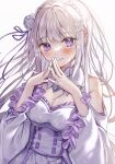  1girl bare_shoulders blunt_bangs blush braid breasts cleavage crown_braid dress elf emilia_(re:zero) flower gem green_gemstone hair_flower hair_ornament hair_ribbon highres long_hair long_sleeves looking_at_viewer medium_breasts pointy_ears purple_eyes purple_ribbon re:zero_kara_hajimeru_isekai_seikatsu ribbon rose sakura_(39ra) smile solo steepled_fingers white_dress white_flower white_hair white_rose wide_sleeves x_hair_ornament 