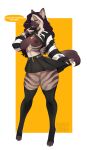  anthro bottomwear breasts clothed clothing clothing_lift dialogue female front_view fur genitals hi_res hyena legwear long_sleeves mammal nipple_piercing nipples no_underwear piercing pussy shirt shirt_lift skirt solo speech_bubble standing stockings striped_body striped_fur striped_hyena stripes sweetburn topwear 