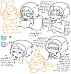  bandana_waddle_dee bandanna comic dialogue duo english_text eyebrows eyewear female glasses hair hi_res human kerchief lewdchuu_(artist) male mammal mouthless pyon_(lewdchuu) simple_background sketch text waddling_head white_background worried 