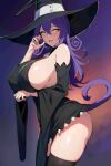  1girl black_thighhighs blair_(soul_eater) borshch breasts cat_girl cat_tail commentary_request hat huge_breasts long_hair open_mouth purple_hair sideboob slit_pupils smile solo soul_eater tail thighhighs thighs witch witch_hat yellow_eyes 