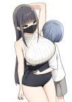  1boy 1girl age_difference arm_up armpits bare_arms bare_shoulders black_hair blue_hair blunt_bangs breasts covered_mouth highres large_breasts mask mouth_mask original shirt_tucked_in simple_background sky-freedom terakawa_aimi white_background 
