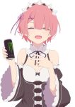  1girl blue_hair closed_eyes detached_sleeves hair_ornament hair_over_one_eye hair_ribbon highres maid maid_headdress monster_energy open_smile pink_hair pink_ribbon ram_(re:zero) re:zero_kara_hajimeru_isekai_seikatsu ribbon ribbon-trimmed_clothes ribbon_trim roswaal_mansion_maid_uniform short_hair smile solo v x_hair_ornament yasehattagi 