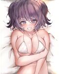 1girl absurdres bed_sheet bikini blush breasts cleavage collarbone grin highres hii_(mzgu8388) idolmaster idolmaster_shiny_colors large_breasts looking_at_viewer lying navel on_back purple_eyes purple_hair skindentation smile solo string_bikini swimsuit tanaka_mamimi twintails upper_body 