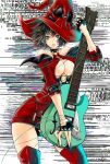  1girl bare_shoulders black_gloves black_hair boots breasts cleavage dress electric_guitar fingerless_gloves gloves guilty_gear guilty_gear_xrd guitar hat highres i-no instrument large_breasts looking_at_viewer medium_hair mole mole_above_mouth red_dress red_footwear red_headwear red_leather thigh_boots witch_hat zennomituaka 