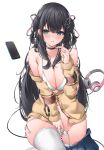  1girl :q absurdres black_choker black_hair blue_eyes blush bra breasts cardigan cellphone choker cleavage collarbone commentary_request hair_ornament headphones heart heart_hair_ornament highres large_breasts long_hair long_sleeves looking_at_viewer navel nekoya_minamo original panties phone solo thighhighs thighs tongue tongue_out underwear white_background white_bra white_panties white_thighhighs yellow_cardigan 