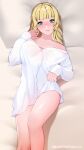  1girl bed_sheet bikini bikini_under_clothes blunt_bangs breasts closed_mouth dip_art dress_shirt english_commentary fanbox_username feet_out_of_frame fire_emblem fire_emblem:_three_houses green_eyes head_on_pillow ingrid_brandl_galatea knee_up long_hair long_sleeves looking_at_viewer lying off_shoulder on_back paid_reward_available see-through see-through_shirt shirt smile solo swimsuit white_shirt yellow_bikini 