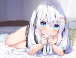  1girl bed bed_sheet black_shirt blue_eyes hair_between_eyes hair_ornament hairclip highres holding holding_hair long_hair looking_at_viewer lying off_shoulder original pillow shirt sidelocks sironora solo thighs twintails white_hair 