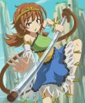  1girl bangle bare_shoulders barefoot blue_dress blue_sky bracelet brown_eyes brown_hair circlet cloud collarbone commentary_request copyright_request dragon_ball dress eyelashes frilled_dress frills green_dress gurina_15 highres holding holding_staff jewelry leg_up long_sleeves looking_at_viewer low_twintails medium_hair monkey_tail mountain multicolored_clothes multicolored_dress open_mouth outdoors outstretched_arm parody prehensile_tail reaching retro_artstyle ruyi_jingu_bang short_dress single_sleeve single_strap sky sleeveless sleeveless_dress son_biten staff tail touhou twintails twitter_username wavy_eyebrows white_sleeves wide_sleeves yellow_dress 
