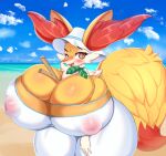  2023 absurd_res anthro beach between_breasts big_breasts blue_sky blush branch breasts clothed clothing cloud dipstick_tail eyebrows eyelashes female fennekin fingers generation_6_pokemon hat headgear headwear hi_res huge_breasts hyper hyper_breasts inner_ear_fluff kyodashiro looking_at_viewer markings niki_(dofunut) nintendo nipple_outline open_mouth pokemon pokemon_(species) seaside sky solo tail tail_markings thick_thighs tuft white_clothing white_hat white_headwear 