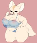  2023 3_fingers aggretsuko anthro bent_arm big_breasts big_ears black_eyes black_nose blue_bra blue_clothing blue_panties blue_underwear blush bra breast_squish breasts camel_toe canid canine cleavage clothed clothing emanata eyelashes female fennec fenneko fingers fox fur hand_on_hip hi_res huge_breasts mammal navel open_mouth overweight overweight_anthro overweight_female panties pink_background pururing sanrio simple_background solo squish tan_body tan_fur thick_thighs tongue underwear underwear_only 