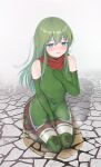  1girl bandana bare_shoulders between_legs black_pantyhose blush boots breasts commentary_request crying dress elbow_gloves embarrassed fire_emblem fire_emblem:_mystery_of_the_emblem full_body gloves green_dress green_eyes green_footwear green_gloves green_hair grey_background half-closed_eyes hand_between_legs hand_on_own_chest hand_up headband highres ikapon_taro knee_boots kneeling long_hair medium_breasts open_mouth outdoors palla_(fire_emblem) pantyhose partial_commentary pee peeing peeing_self puddle raised_eyebrows red_bandana seiza short_dress side_slit sidelocks sitting sleeveless sleeveless_dress solo steam tears thighhighs wet wet_clothes wet_dress white_headband white_thighhighs 