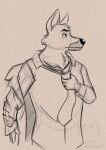  4_fingers ace_hart anthro canid canine canis clothing corgi_(artist) dark_muzzle dog_city domestic_dog fingers german_shepherd herding_dog hi_res jacket loose_tie male mammal neck_tuft pastoral_dog serious serious_face shirt solo topwear tuft undressing 
