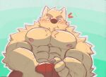  annoyed_expression anthro body_hair canid canine canis cheese12367 chest_hair clothed clothing erection eyebrows hi_res male mammal muscular muscular_male simple_background solo tenting unknown_character wolf 