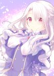  1girl braid closed_mouth coat dress fate/stay_night fate_(series) french_braid hair_between_eyes hands_on_own_face highres illyasviel_von_einzbern long_hair looking_at_viewer red_eyes shiohari_kanna sidelocks simple_background solo standing white_hair winter_clothes 