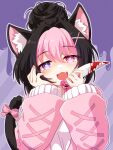  1girl animal_ear_fluff animal_ears black_hair blood blood_on_knife bow cat_ears cat_girl cat_tail commission darlingstrawb fang hair_between_eyes hair_bun hair_ornament hand_on_own_cheek hand_on_own_face heart heart-shaped_pupils highres holding holding_knife indie_virtual_youtuber knife medium_hair open_mouth pink_bow pink_eyes pink_hair pink_sweater purple_background purple_eyes shirt skeb_commission solo sweater symbol-shaped_pupils tail tail_bow tail_ornament upper_body virtual_youtuber white_shirt x_hair_ornament yui_mirano 
