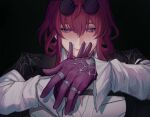  1girl animal_print chainsaw_man closed_mouth eyewear_on_head ghouleo gloves highres honkai:_star_rail honkai_(series) jewelry kafka_(honkai:_star_rail) long_sleeves makima_(chainsaw_man) multicolored_eyes multiple_rings own_hands_together purple_eyes purple_gloves purple_hair ring round_eyewear shirt smile solo spider_print spider_web_print sunglasses upper_body white_shirt 