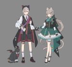  1boy 1girl absurdres alternate_costume animal_ears animal_hat black_bow black_cat black_footwear black_gloves black_headwear black_shorts bow breasts brother_and_sister cat cat_ears cat_girl cat_tail crossed_legs dress facial_mark fingerless_gloves full_body genshin_impact gloves grey_background grey_hair hair_between_eyes hair_bow hand_on_own_hip hat highres long_hair long_sleeves lynette_(genshin_impact) lyney_(genshin_impact) papajay_(jennygin2) paw_print purple_eyes shirt shorts siblings simple_background socks standing star_(symbol) star_facial_mark tail teardrop_facial_mark very_long_hair watson_cross 