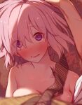  1boy 1girl bare_shoulders blush breasts cleavage collarbone commentary_request fate/grand_order fate_(series) hair_over_one_eye highres large_breasts looking_at_viewer mash_kyrielight mitsurugi_sugar necktie open_mouth purple_eyes short_hair solo_focus 