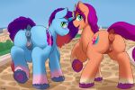  3:2 anus blush butt cainesart clitoris cutie_mark digital_media_(artwork) duo earth_pony equid equine female feral genitals hasbro hi_res horn horse looking_at_viewer looking_back looking_back_at_viewer mammal misty_(g5) mlp_g5 my_little_pony outside pony pussy rear_view sunny_starscout_(mlp) unicorn 