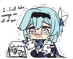  1girl absurdres alhaitham_(genshin_impact) aqua_hair bent_over black_leotard black_thighhighs blue_necktie blush calendar_(object) cameo cape chibi crying crying_with_eyes_open english_text eula_(genshin_impact) frown full_body genshin_impact grey_eyes hair_between_eyes hair_ornament hairband highres kaedehara_kazuha leotard long_sleeves looking_away medium_hair necktie sad seiza sesield sidelocks sitting sketch solo tears thighhighs trembling white_background yae_miko yoimiya_(genshin_impact) 