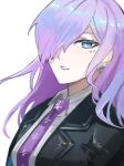  1girl black_jacket blue_eyes blue_hair cerejeira_elron collared_shirt commentary_request earrings fate/grand_order fate_(series) gradient_hair hair_over_one_eye highres jacket jewelry lipstick looking_at_viewer makeup multicolored_hair necktie omame_korokor portrait purple_hair purple_lips purple_necktie shirt solo star_(symbol) white_shirt 