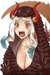  1girl blue_hair breasts cleavage cosplay curled_horns godzilla godzilla_(cosplay) godzilla_(series) haraya_manawari highres horns large_breasts long_hair looking_at_viewer multicolored_hair multicolored_horns one_piece oni orange_eyes orange_horns red_horns sharp_teeth solo teeth white_hair yamato_(one_piece) 