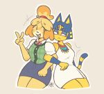  animal_crossing ankha_(animal_crossing) anthro bell blush bottomwear canid canine canis clothed clothing crossed_arms domestic_dog dress duo eyeshadow felid feline female female/female gesture indifferent isabelle_(animal_crossing) makeup mammal mikifluffs nintendo skirt smile tail v_sign 