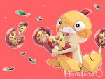  animal_focus artist_name colored_skin commentary_request eating food hanabusaoekaki highres no_humans pepperoni pizza pokemon pokemon_(creature) red_background scraggy simple_background solo sprout tail teeth yellow_skin 