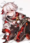  1boy ? ahoge bishounen genshin_impact gloves highres japanese_clothes kaedehara_kazuha leaf_print male_focus maple_leaf_print open_mouth red_eyes simple_background solo white_background white_hair yakipaimon3 