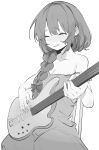  1girl absurdres bass_guitar blush bocchi_the_rock! braid breasts chair cleavage closed_eyes collarbone ddari dress drunk ear_piercing greyscale hair_over_shoulder hair_ribbon highres hiroi_kikuri holding instrument jewelry long_hair low-braided_long_hair medium_dress monochrome off_shoulder open_mouth piercing ribbon sharp_teeth sideboob simple_background single_braid sitting sketch smile solo teeth 